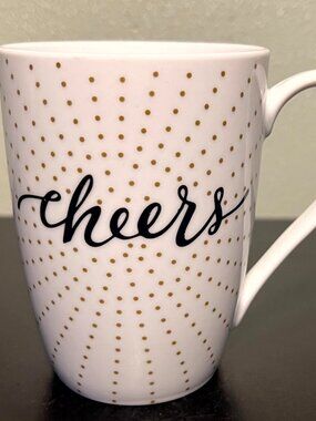 Prima Design CHEERS Metallic Gold Polka Dot Tall Tapered White Ceramic Cup Mug